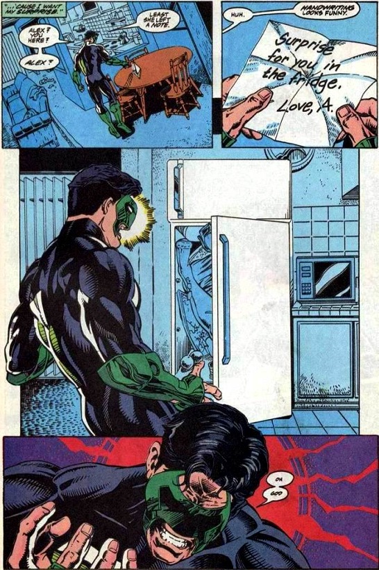 Cena da HQ do Lanterna Verde #54 (1994), escrita por Ron Marz, que contribuiu para a popularização e discussão do tropo "Mulheres na Geladeira" nos quadrinhos.
