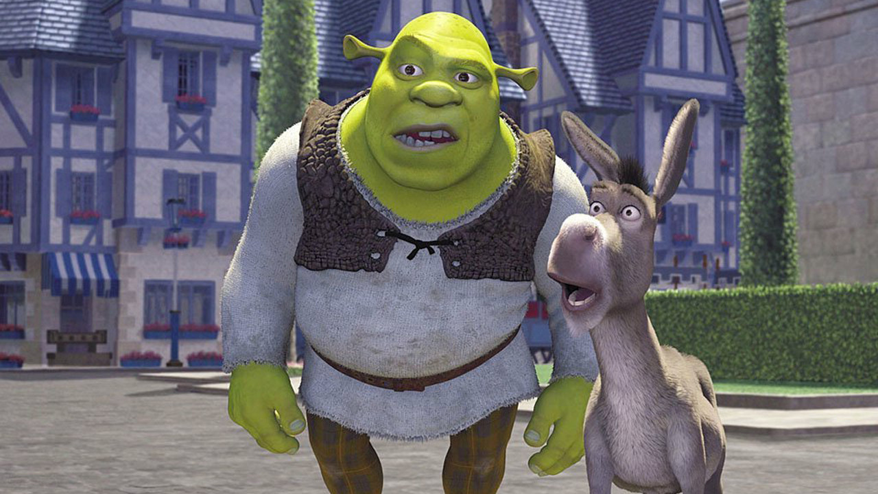 Imagem de Shrek e Burro, lado a lado, assustados com algo