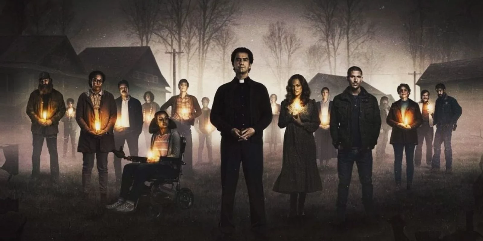 Imagem promocional de "Missa da Meia-Noite", com o elenco da série.