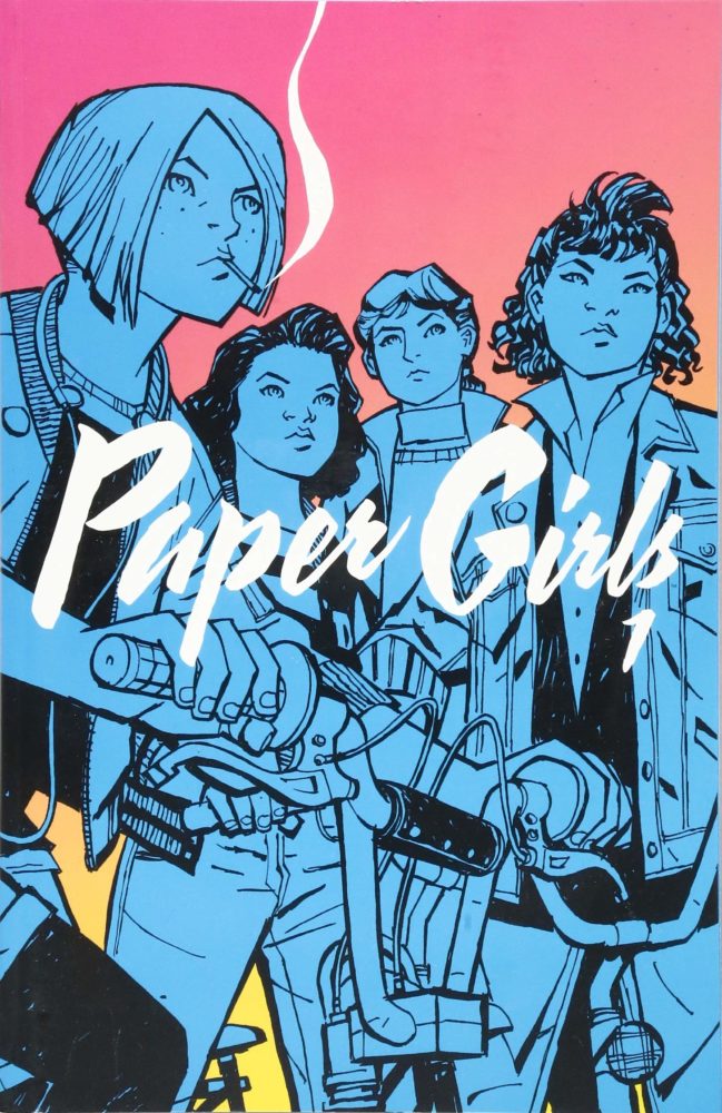 Capa da primeira edição de Paper Girls, quadrinho de Brian K. Vaughan e Cliff Chiang.