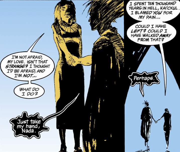Kai'ckul e Nada conversam na obra em quadrinhos de Neil Gaiman.