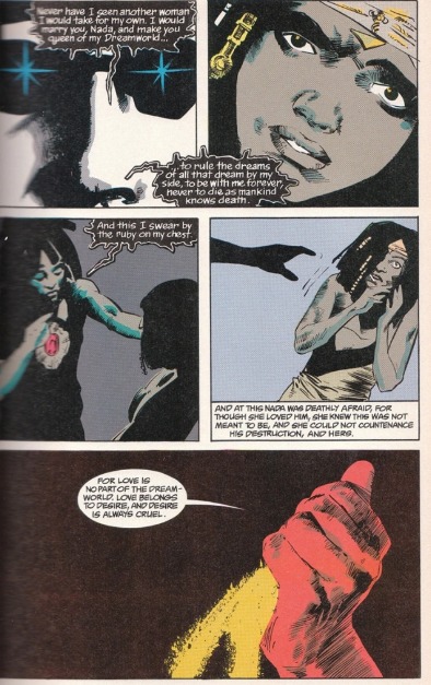 Morpheus, na imagem de Kai'ckul, conversa com Nada, a rainha Negra.
