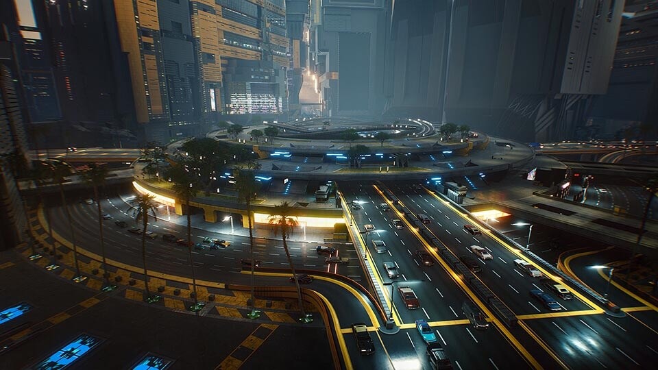 Centro de Night City em Cyberpunk 2077