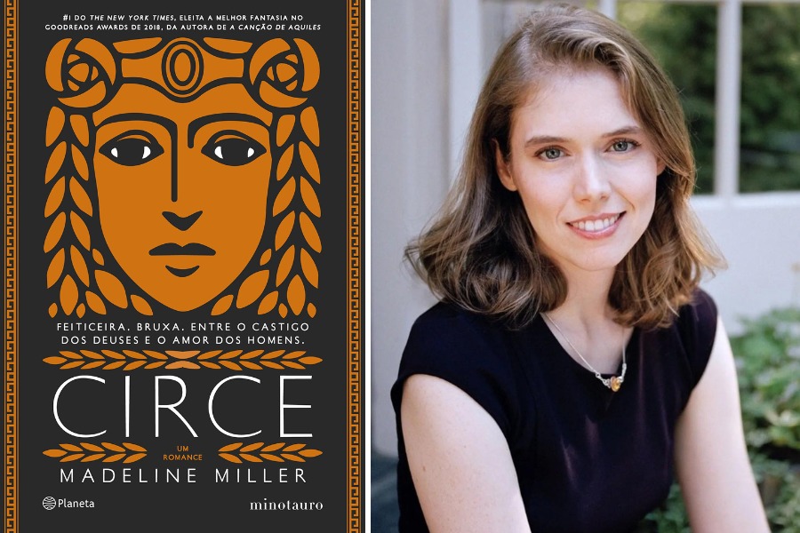 Do lado esquerdo, a capa do livro "Circe", publicado pela editora Planeta Livros, ao lado direito a autora Madeline Miller.