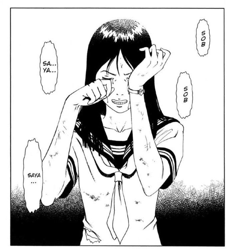 Painel de Suicide Club; Kyoko chora após segundo suicídio coletivo