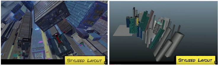 Duas modelagens 3D: à direita, a cena não finalizada de Miles se lançando de um prédio. A cena ´´e cinemática e impressionante. À esquerda, a visão lateral do que seria a visão realista desses prédios - completamente desordenados e surrealistas.
