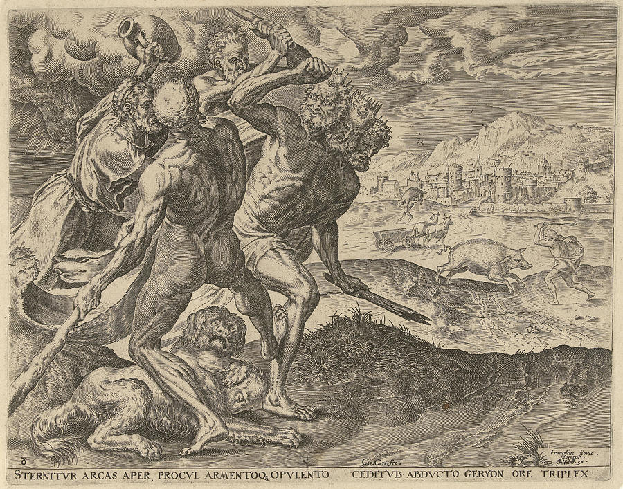 Gravura de Cornelis Cort retratando o confronto entre Herácles e Gerião