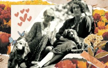 Colagem feita com uma foto de Virginia Woolf e Vita Sackville-West juntas, ao fundo um recorte de flores e detalhes de corações.