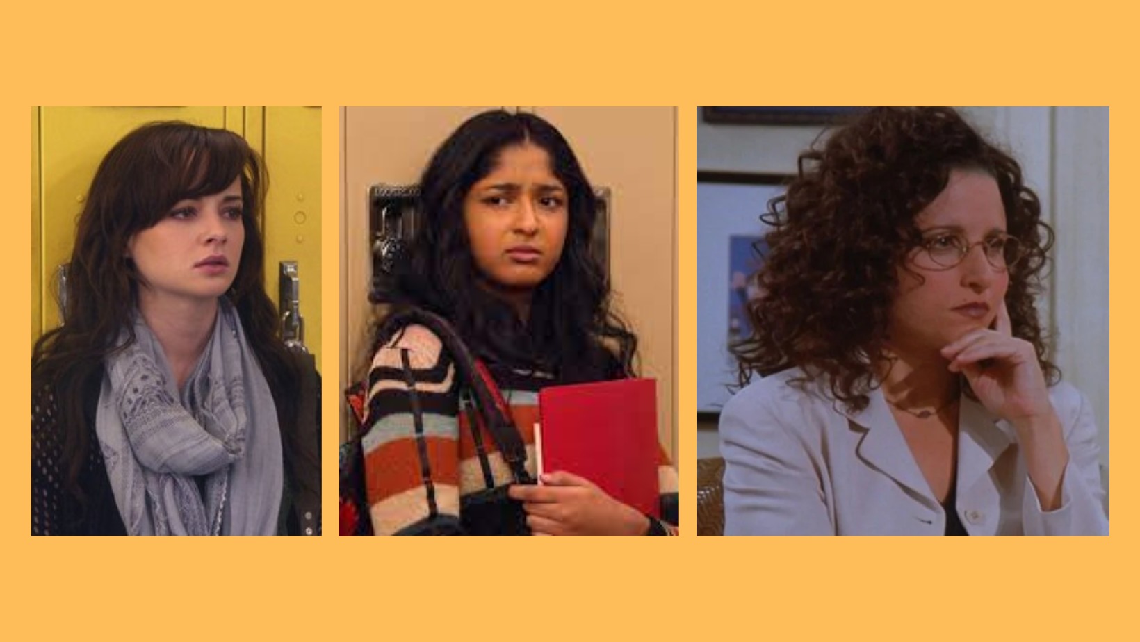 Colagem das personagens Jenna Hamilton (Awkward),  Devi Vishwakumar (Eu Nunca…,) e Elaine Benes (Seinfeld), lado a lado, com um fundo amarelo.