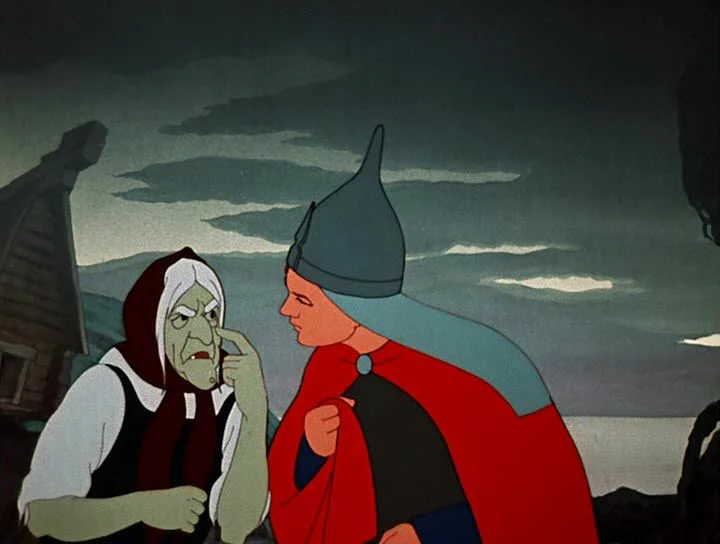 Baba Yaga e o príncipe no média-metragem Царевна-лягушка (1954), de Mikhail Tsekhanovsky.