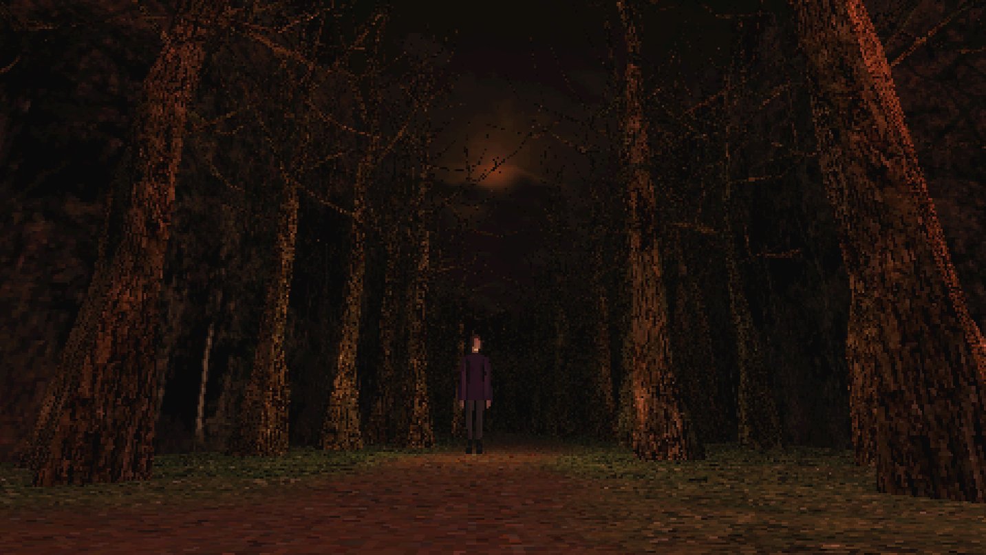 Captura de tela do jogo "Grandmother's Garden", mostrando a personagem jogável em meio a uma floresta sombria.