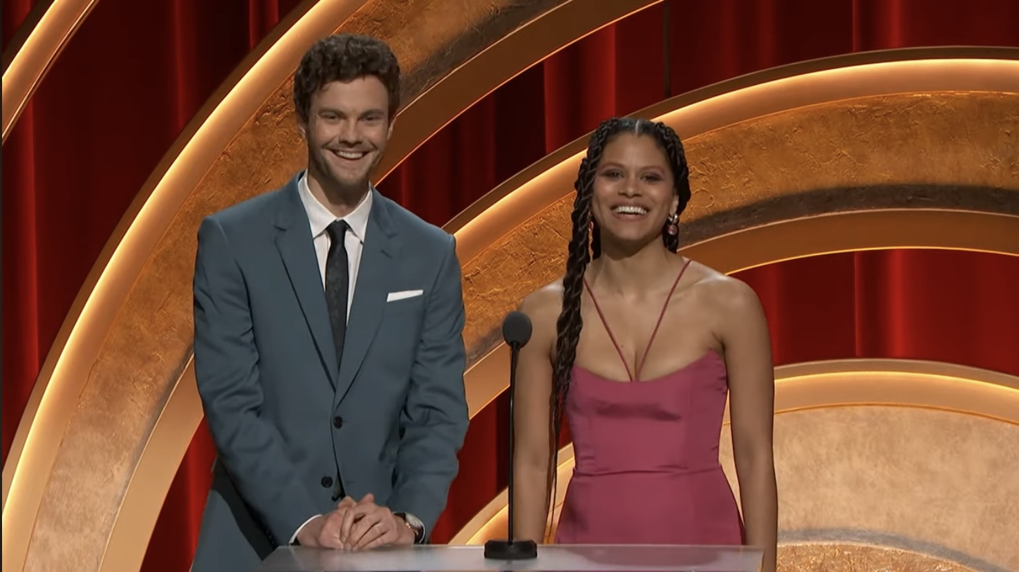 Jack Quaid e Zazie Beetz apresentando as Indicações ao Oscar 2024.
