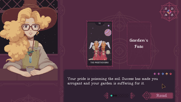 Interface da leitura de cartas no jogo "The Cosmic Wheel Sisterhood", apresentando uma das possibilidades de leitura.