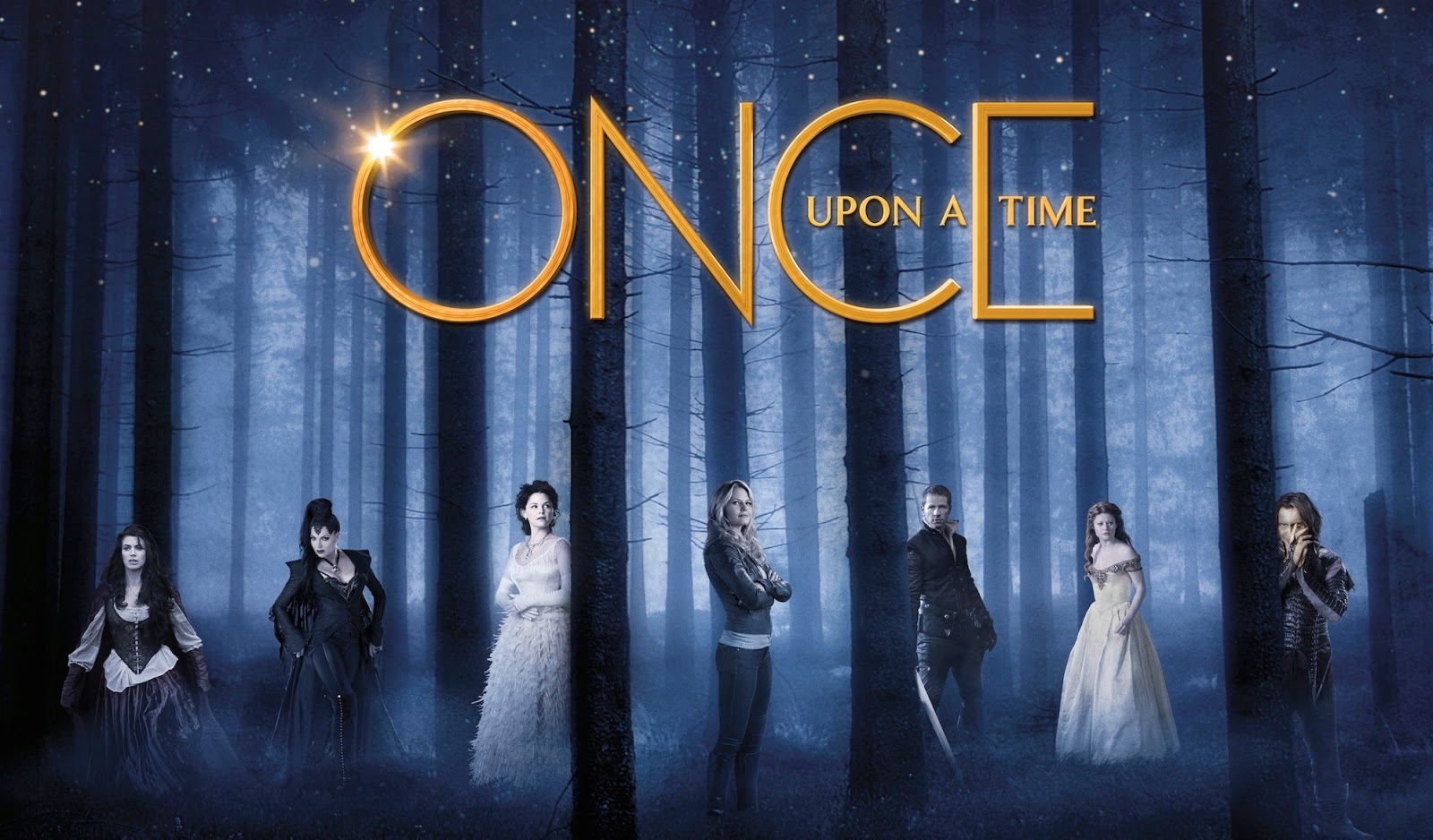 Cena da série de TV 'Once Upon a Time' mostrando vários personagens em um cenário de floresta com o título da série ao centro.