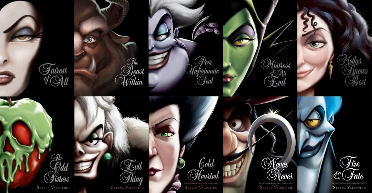 Imagem dos personagens principais das vilãs da Disney, como Maleficent, Úrsula, Rainha de Copas, e outras, destacando suas características malignas e inesquecíveis.