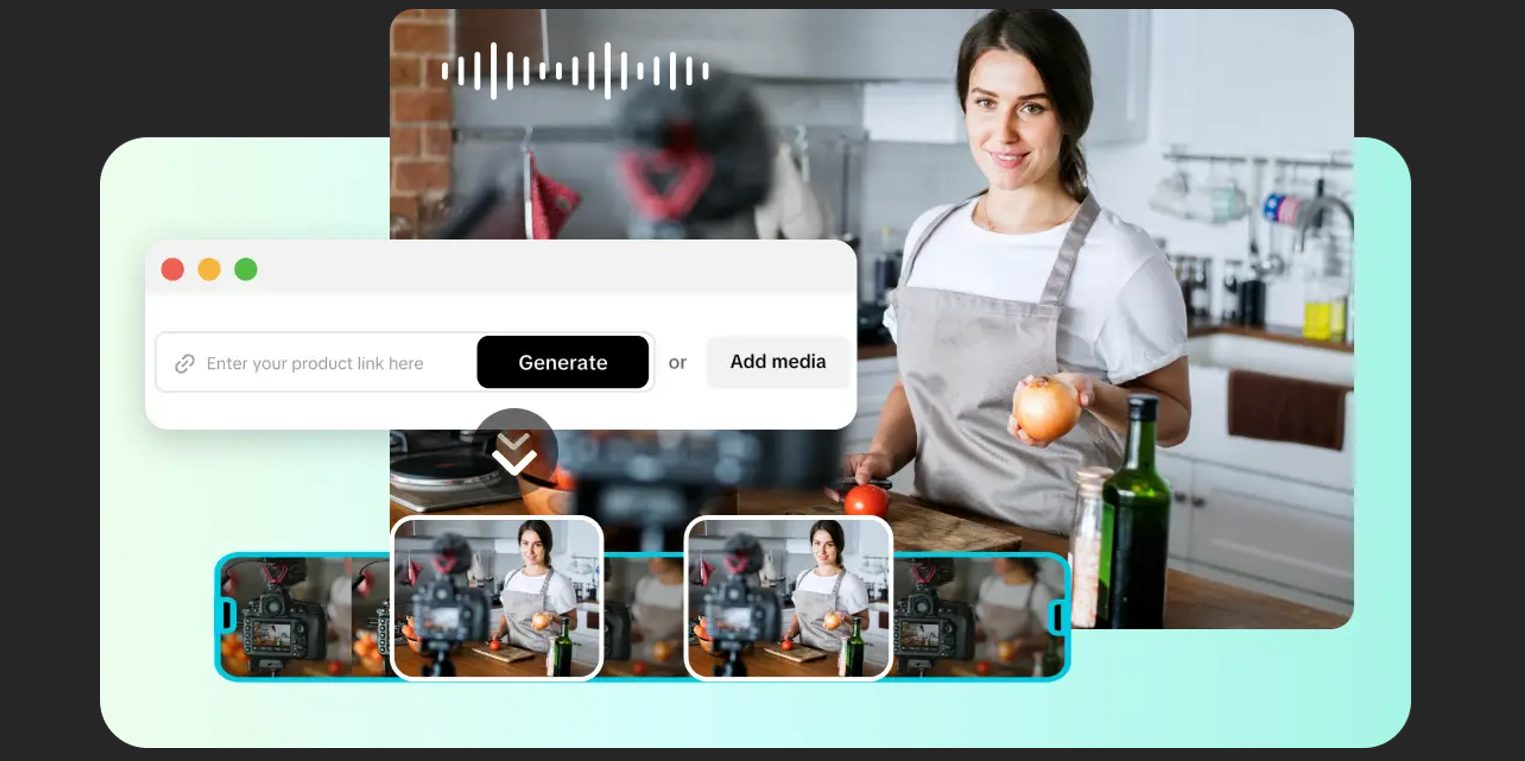 Mulher sorridente preparando um prato na cozinha, com ingredientes e câmera filmando o procedimento, usando avental cinza, promovendo criação de conteúdo de culinária.