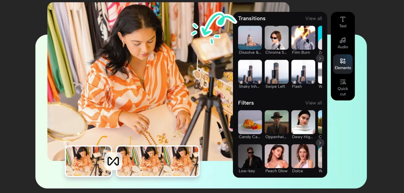 Criadora de conteúdo ajustando filtros de vídeo em uma câmera durante uma gravação em estúdio, com iluminação adequada e cenário colorido ao fundo, focada em criar vídeos de alta qualidade para redes sociais ou plataformas digitais.