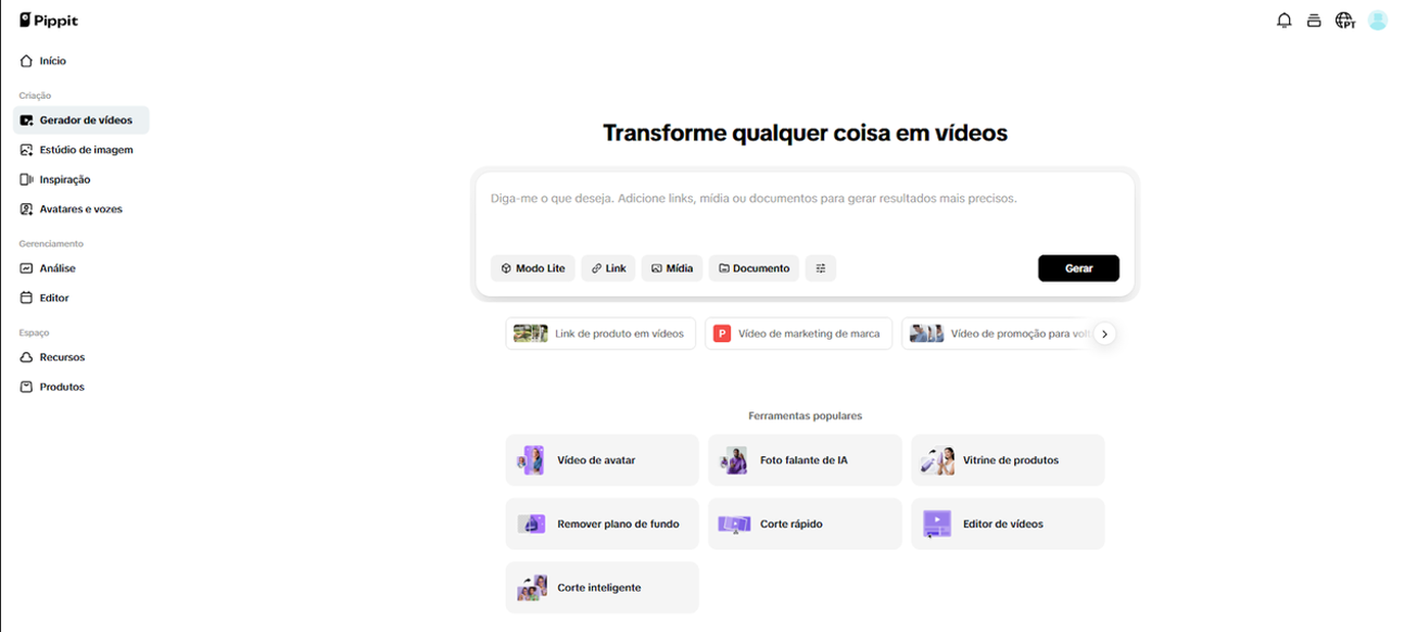Tela de uma plataforma digital para transformar qualquer coisa em vídeos, mostrando ferramentas como gerar vídeos de marketing, avaliação, corte e edição de vídeos.