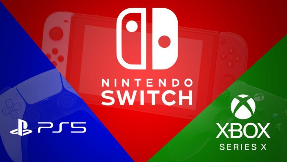 Imagem destacando consoles de videogame Nintendo Switch, PlayStation 5 e Xbox Series X com foco na popularidade dos dispositivos de jogos modernos.